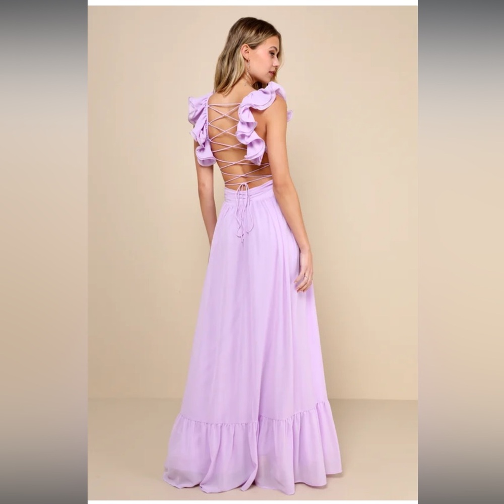 NWT- Soiree Celebration Purple Ruffled Lace-Up Dress - Picture 2 of 16